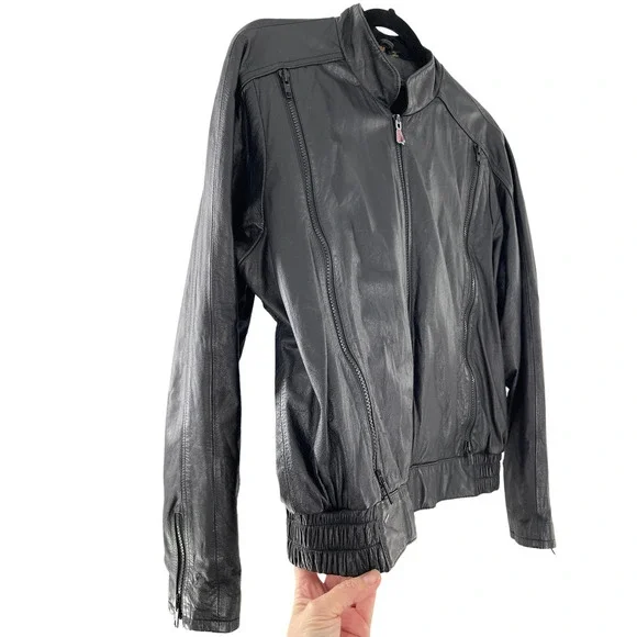 Hein Gerickle Mens Leather Moto Jacket Mock Neck Long Sleeve Size 38 Black - Picture 4 of 9